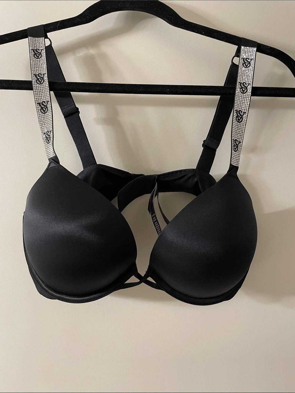 Victoria's Secret Black Push-Up Bra with Rhinestone Logo Straps Size 36C
